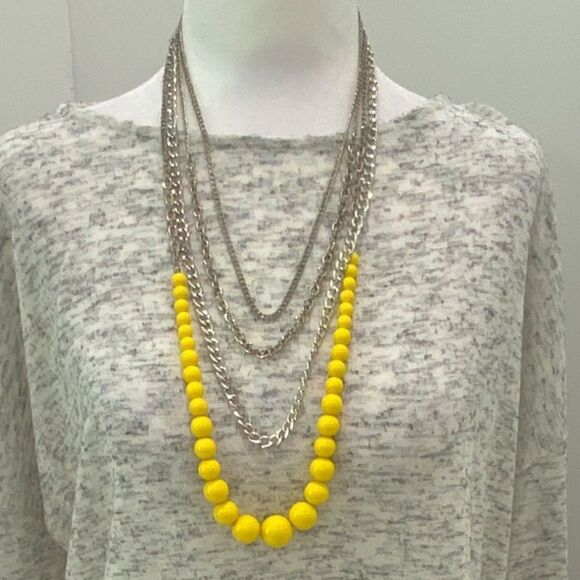 Vintage 4 Layered Bib Beaded Necklace Yellow Beads Silver Tone Necklaces - Picture 1 of 5